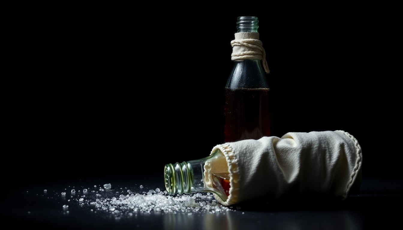 An extreme close-up of two glass bottles, one shattered and the other wrapped in cloth, dramatically lit by a harsh flash against a black background to create a stark, gritty investigative aesthetic.