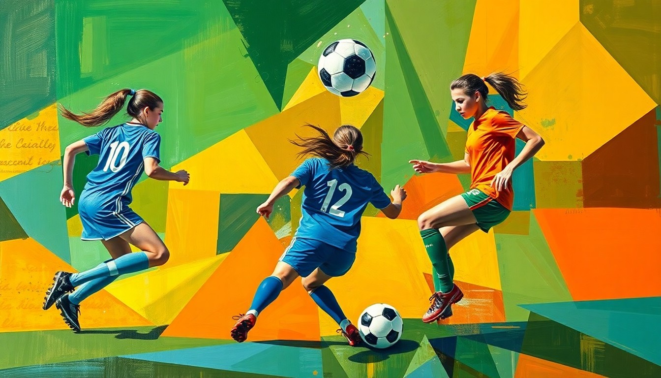 A fractured, geometric painting depicting the dynamic movements and energy of a girls high school soccer game, with the players and ball broken down into overlapping angular shapes in a vibrant color palette.