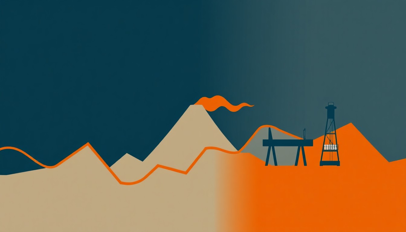 A minimalist, abstract illustration featuring overlapping geometric shapes in shades of blue, gray, and orange, conveying the volatility and uncertainty in global oil markets following the recent geopolitical tensions in the Middle East.