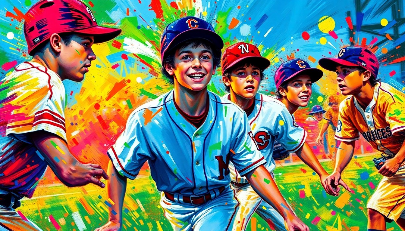 An abstract, expressionist painting in vibrant neon colors, capturing the raw energy and movement of a high school baseball game, with players' faces and uniforms dissolving into unrecognizable splatters of color.