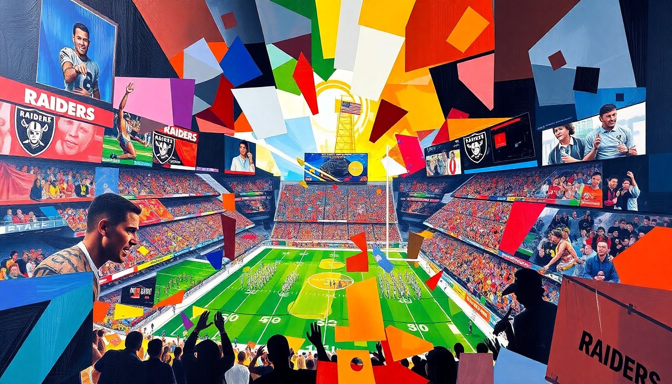 A fractured, cubist-style painting featuring sharp, overlapping geometric shapes in the Raiders' silver, black, and red colors, capturing the dynamic energy and action of a Super Bowl game.