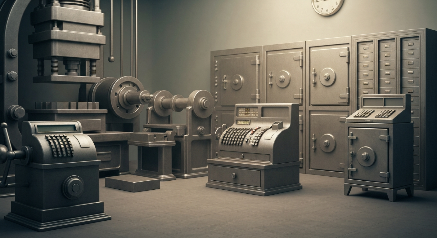 An extreme close-up of gears, levers, and other heavy industrial machinery, representing the financial infrastructure and mechanics underlying the stock market.