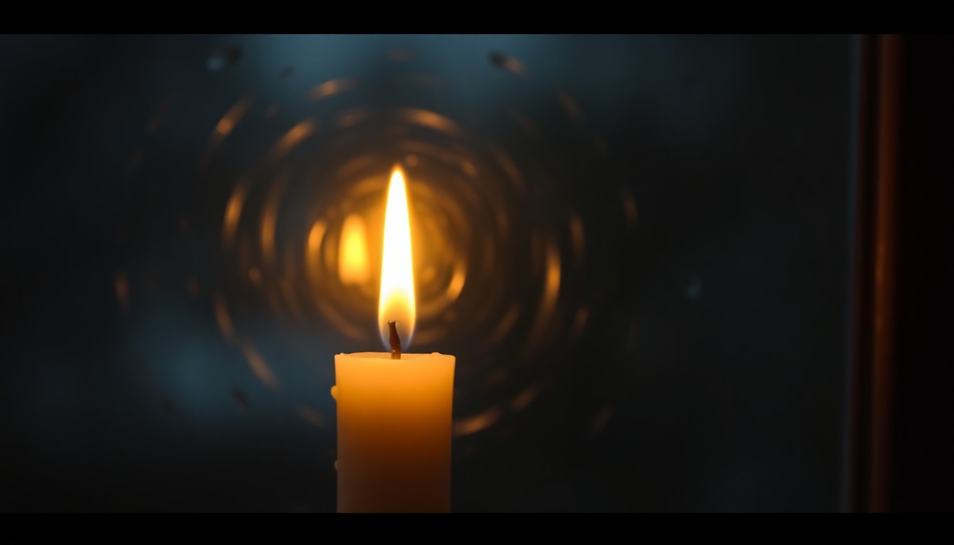 An abstract, impressionistic photograph of a flickering candle flame, its warm glow reflected in a rain-streaked window, creating a soft, atmospheric scene that evokes a sense of quiet contemplation.
