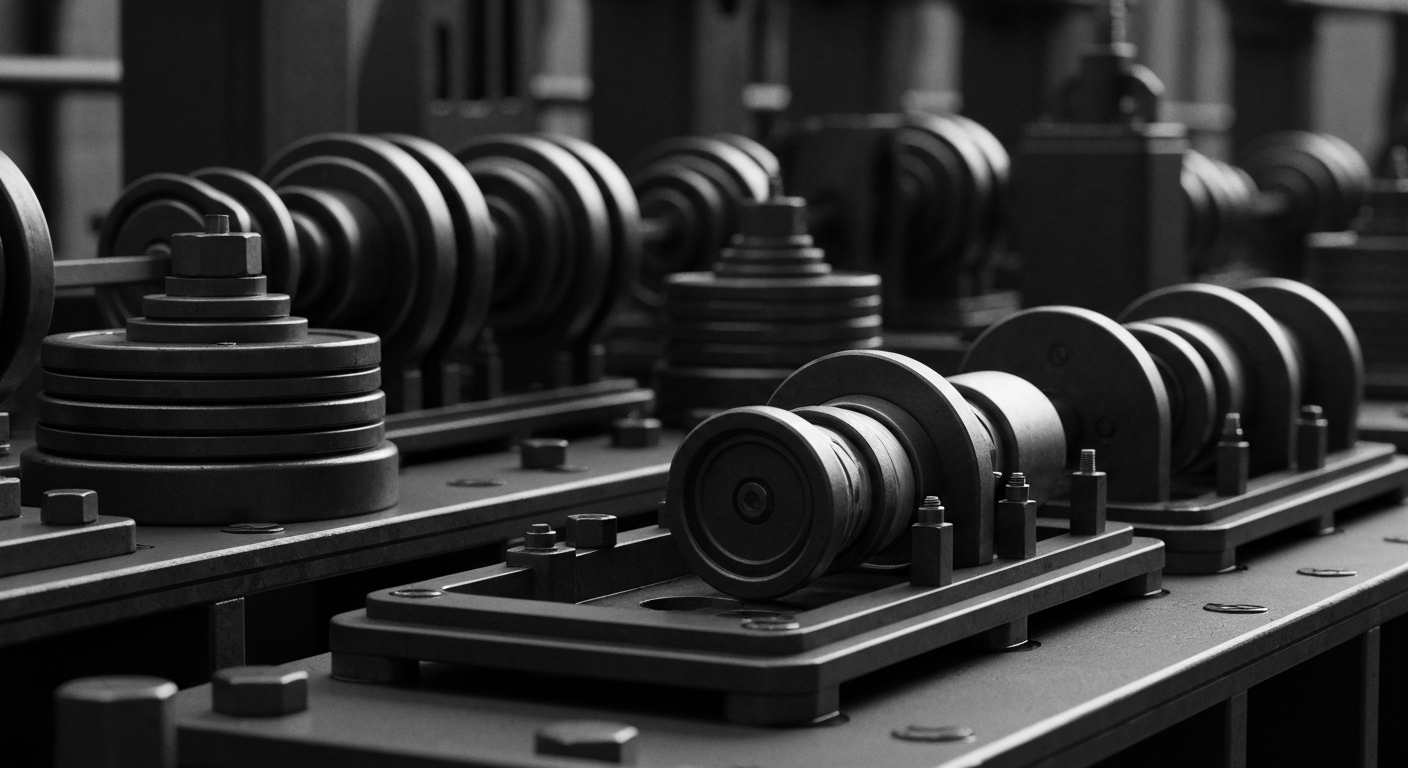 A high-contrast black and white close-up photograph of intricate banking equipment and financial infrastructure, conveying the stability and security of the global monetary system through its heavy, industrial aesthetic.