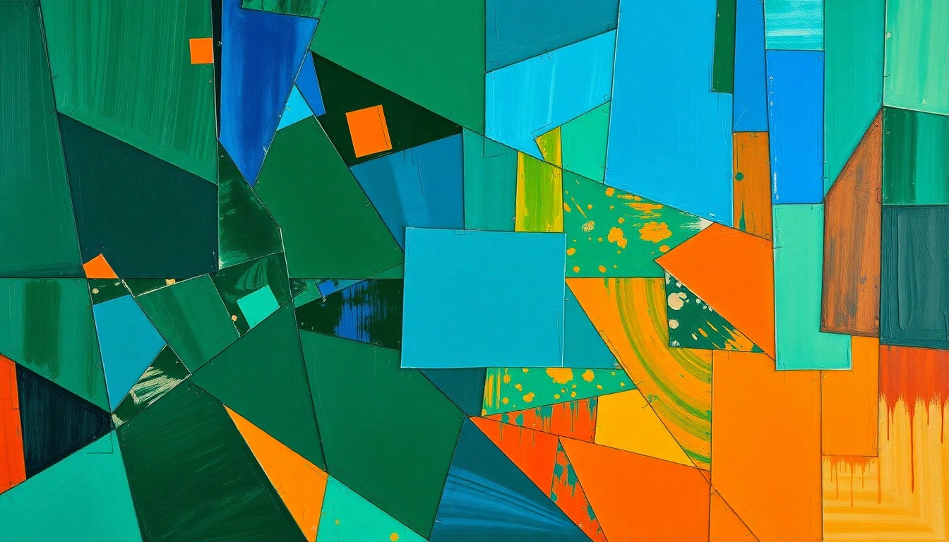 A fragmented, geometric painting in shades of green, blue, and orange, capturing the dynamic movements and overlapping perspectives of a basketball game or match.
