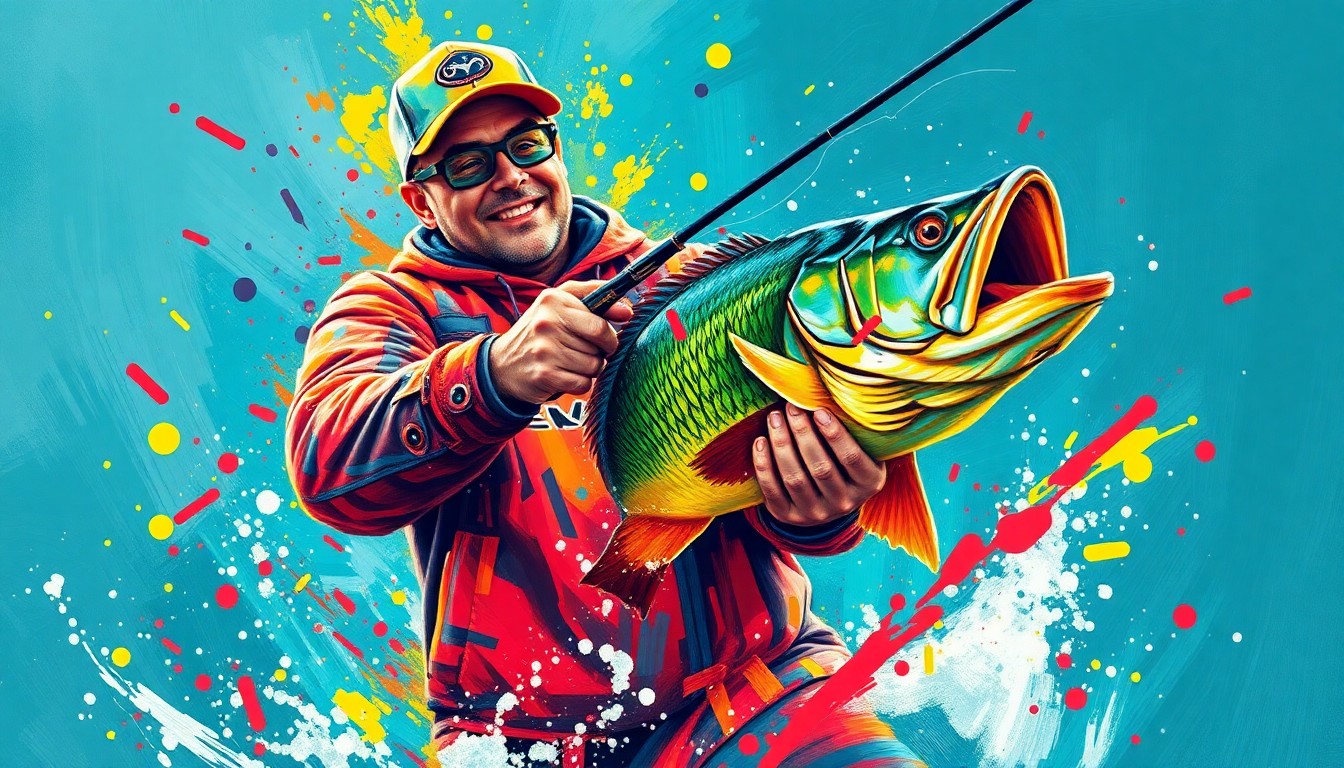 An abstract, expressionist painting in neon colors depicting the dynamic motion and energy of a bass angler reeling in a large fish, with the angler's face and details dissolved into unrecognizable splatters of color.