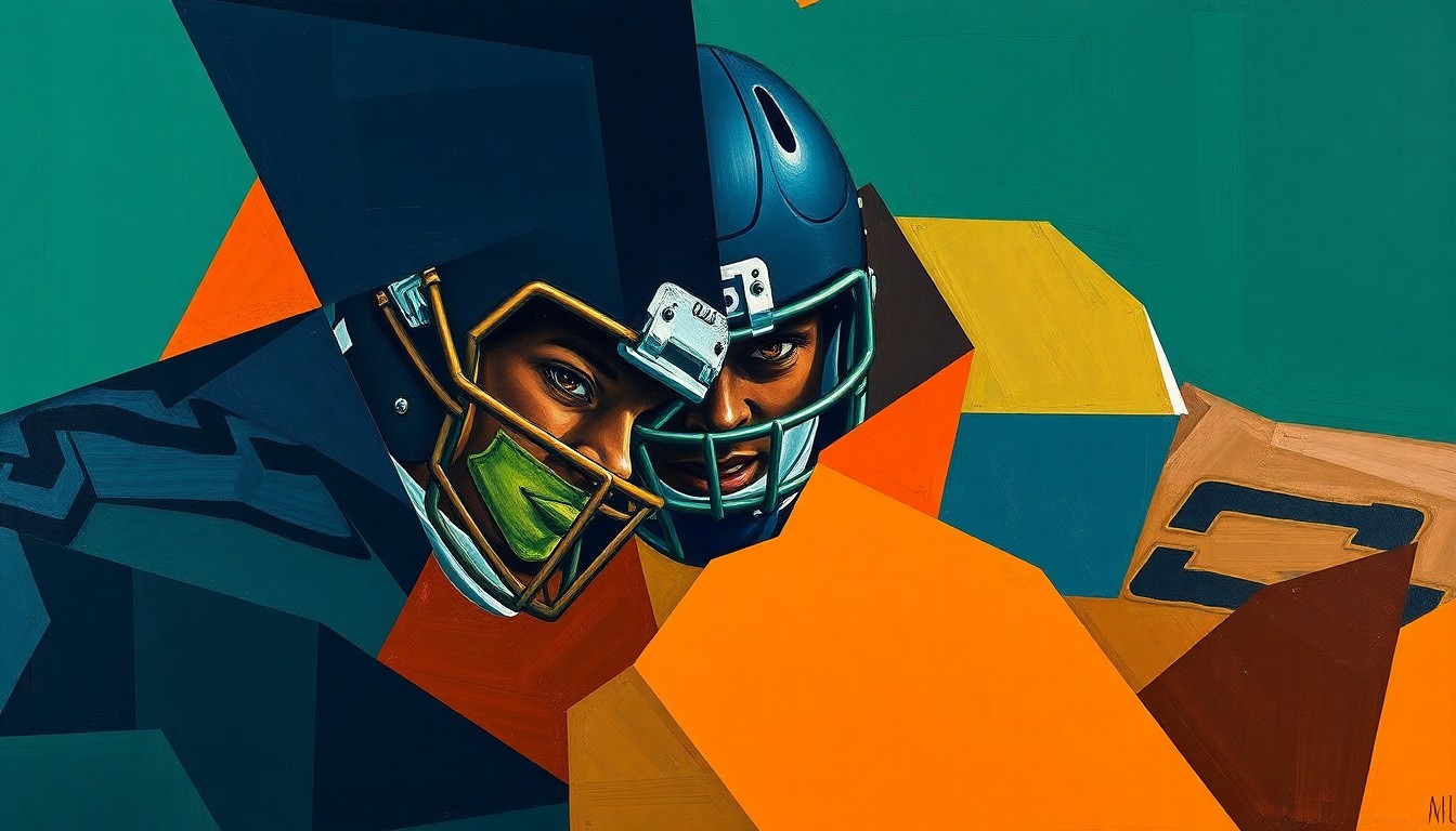 A cubist-style painting depicting a fragmented, geometric interpretation of a football offensive line, with sharp planes of dark blue, forest green, and burnt orange colors.
