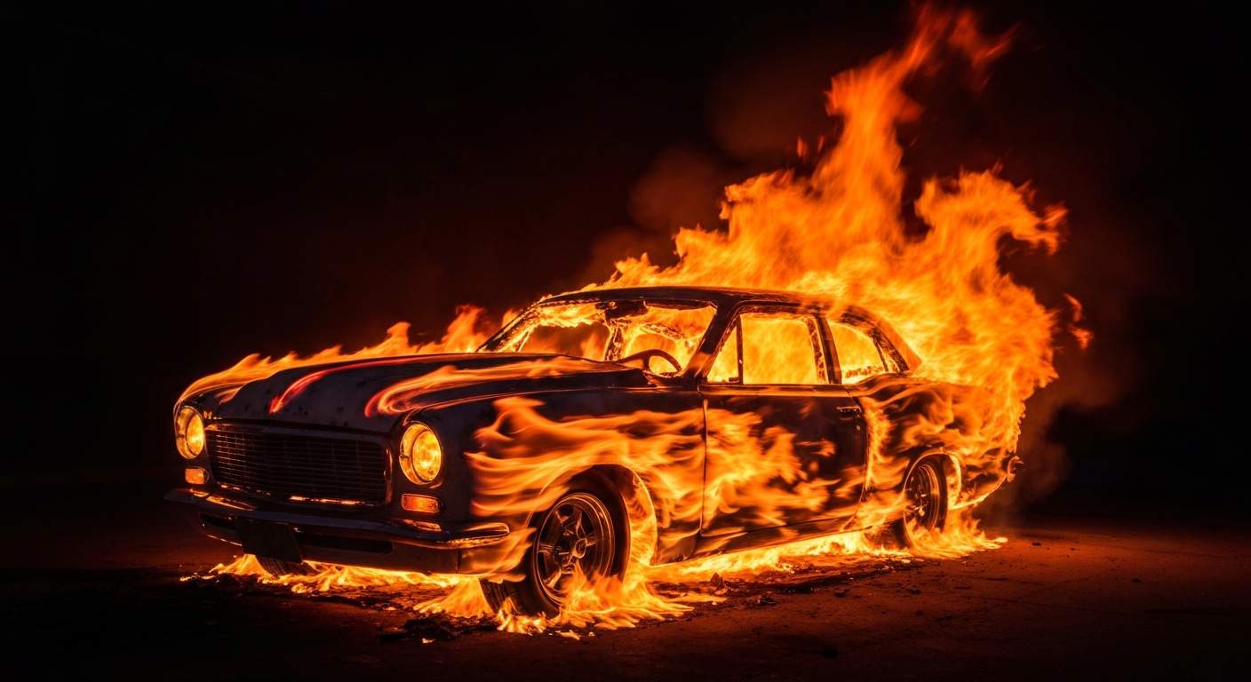 An abstract, impressionistic image of a burning classic car, with vibrant streaks of orange, red, and black flames blurring across the frame to convey the chaotic destruction of the vintage vehicle.