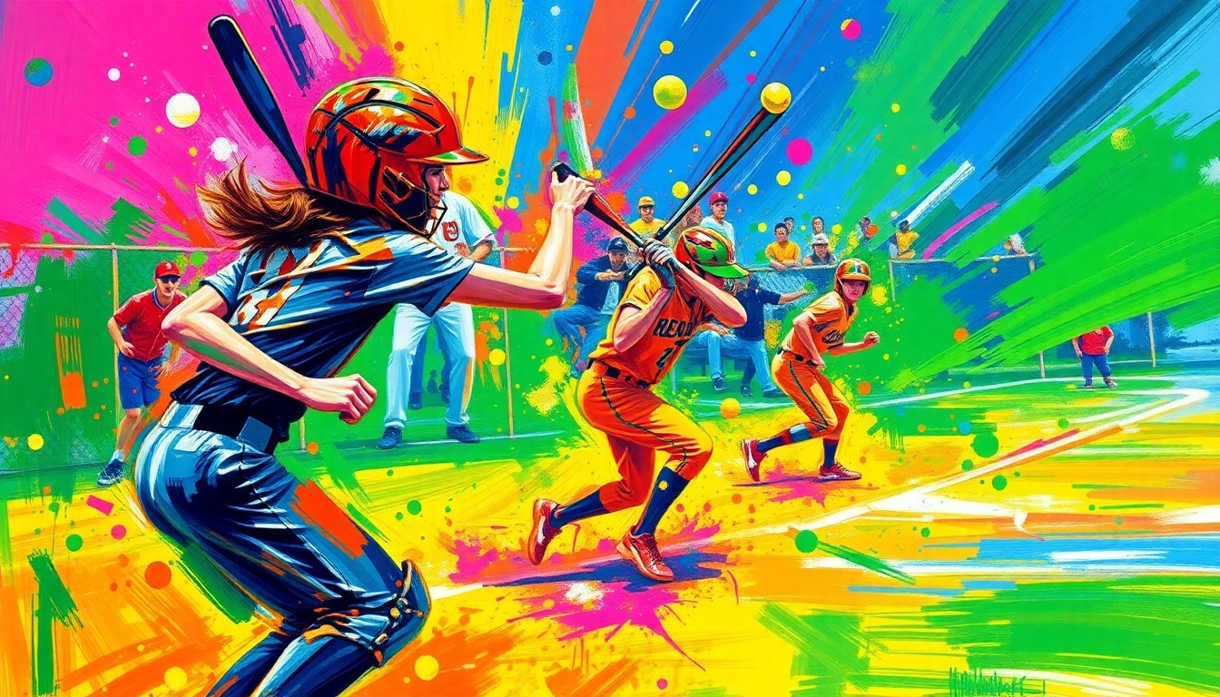 An abstract, textured painting in bright neon colors, with sweeping brushstrokes capturing the dynamic energy and motion of a high school softball game.