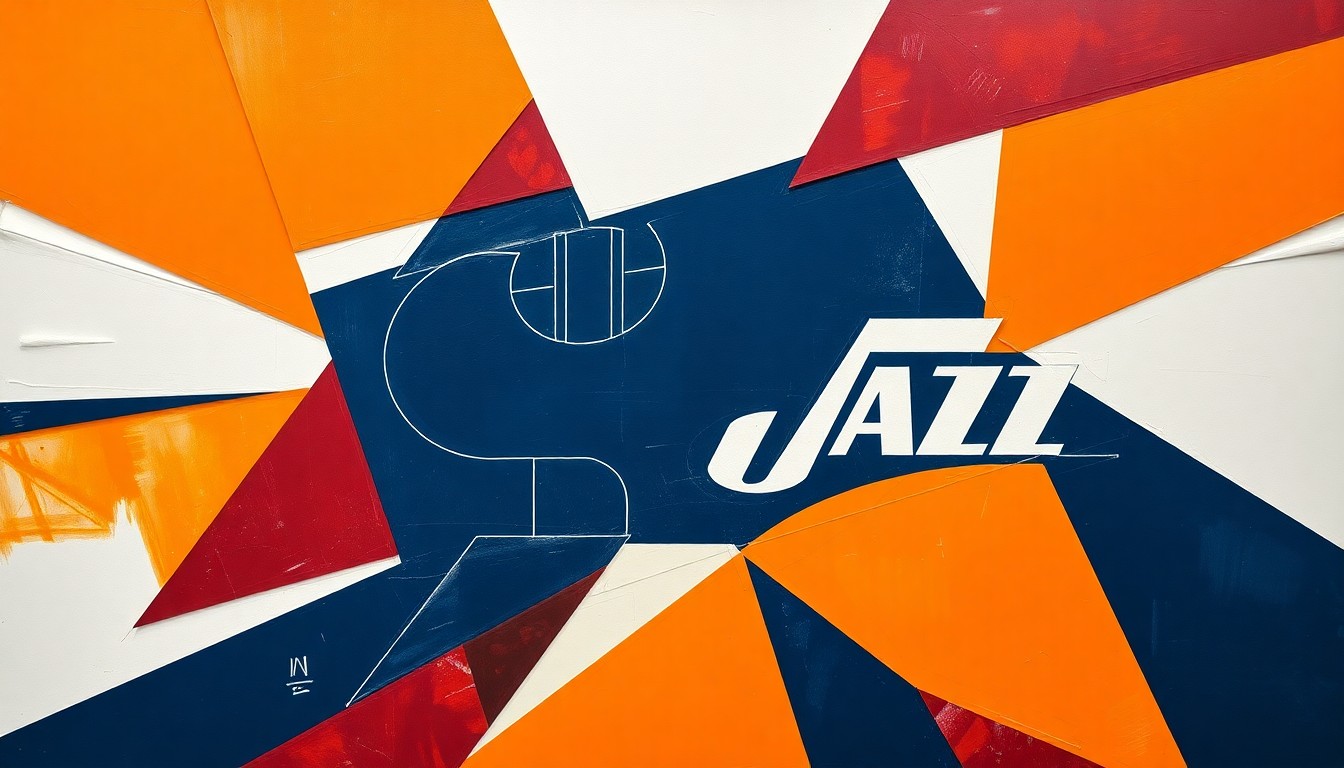 A cubist, geometric painting depicting the action of a basketball game, with overlapping planes of orange, navy blue, and white representing the players and court.