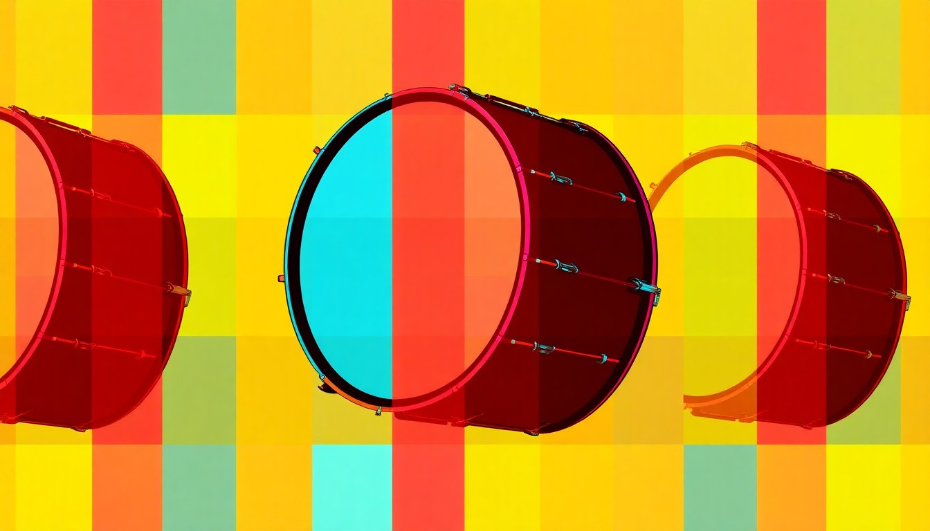 A bold, colorful silkscreen print featuring a repeating pattern of a marching band drum, capturing the energy and artistry of the university's music program.