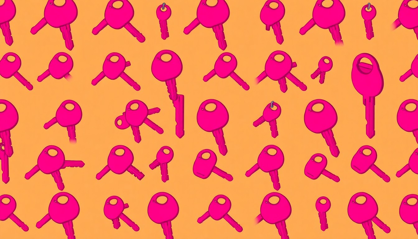 A brightly colored, high-contrast silkscreen print of a single, iconic rental apartment key repeated in a tight grid pattern, conceptually representing the tensions over rising rents and evictions in the Boston area.