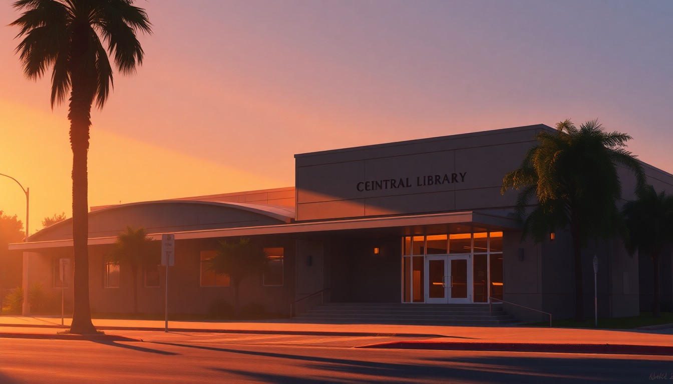A serene, realistic painting of the exterior of a library building with warm lighting and deep shadows, capturing a sense of quiet contemplation around the future of this public institution.