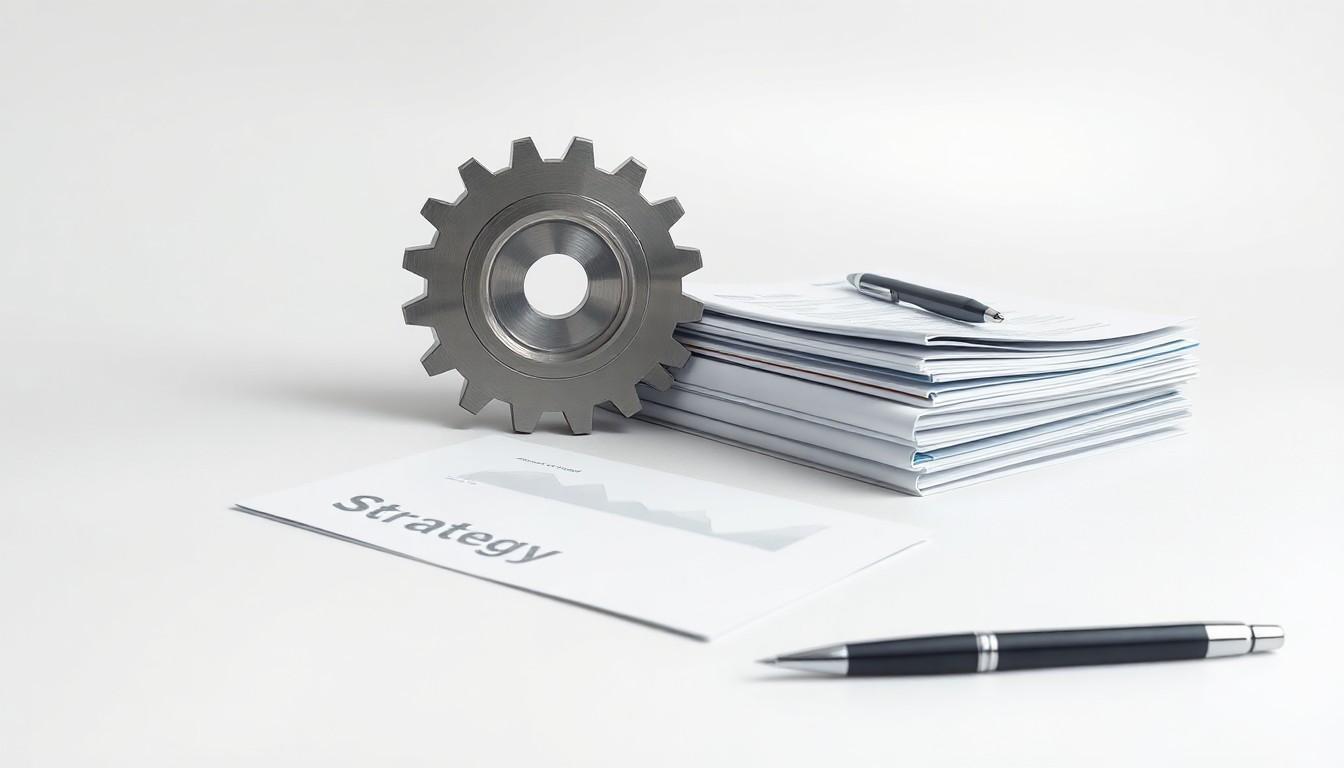 A photorealistic studio still life featuring a polished metal gear, a stack of financial reports, and a pen arranged on a clean, monochromatic background, symbolizing the abstract concepts of corporate strategy, finance, and market performance.
