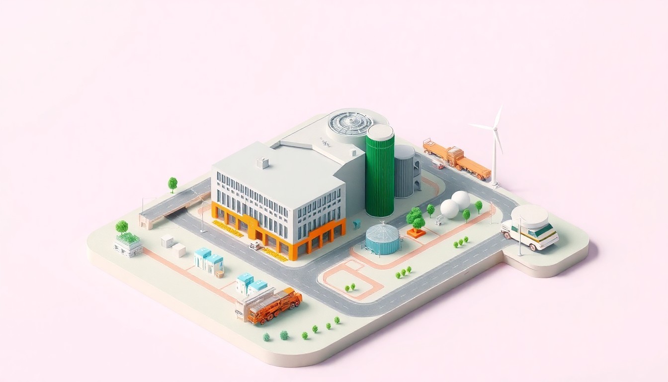 A clean, modern 3D illustration depicting a large, futuristic renewable energy facility surrounded by smaller supporting structures and transportation infrastructure, representing the expansion of Create Energy's operations in Tennessee.