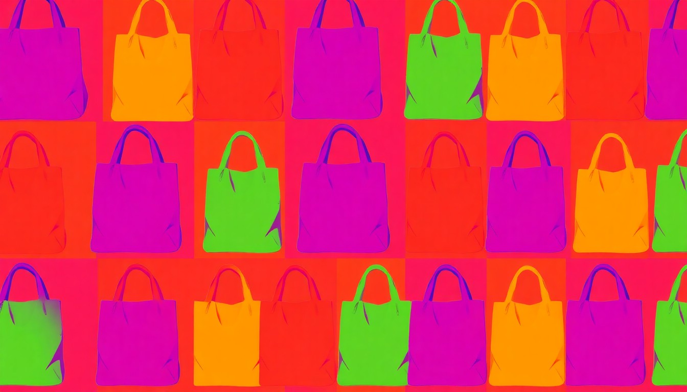 A highly stylized, abstract grid of brightly colored, silkscreened images of organic produce, conceptually representing the vibrant community celebration of a local natural foods cooperative.