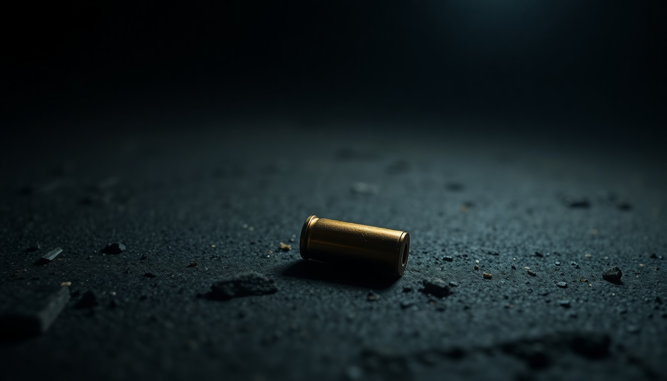 An extreme close-up photograph of a single spent shell casing on a dark concrete surface, conceptually illustrating the aftermath of a shooting incident.