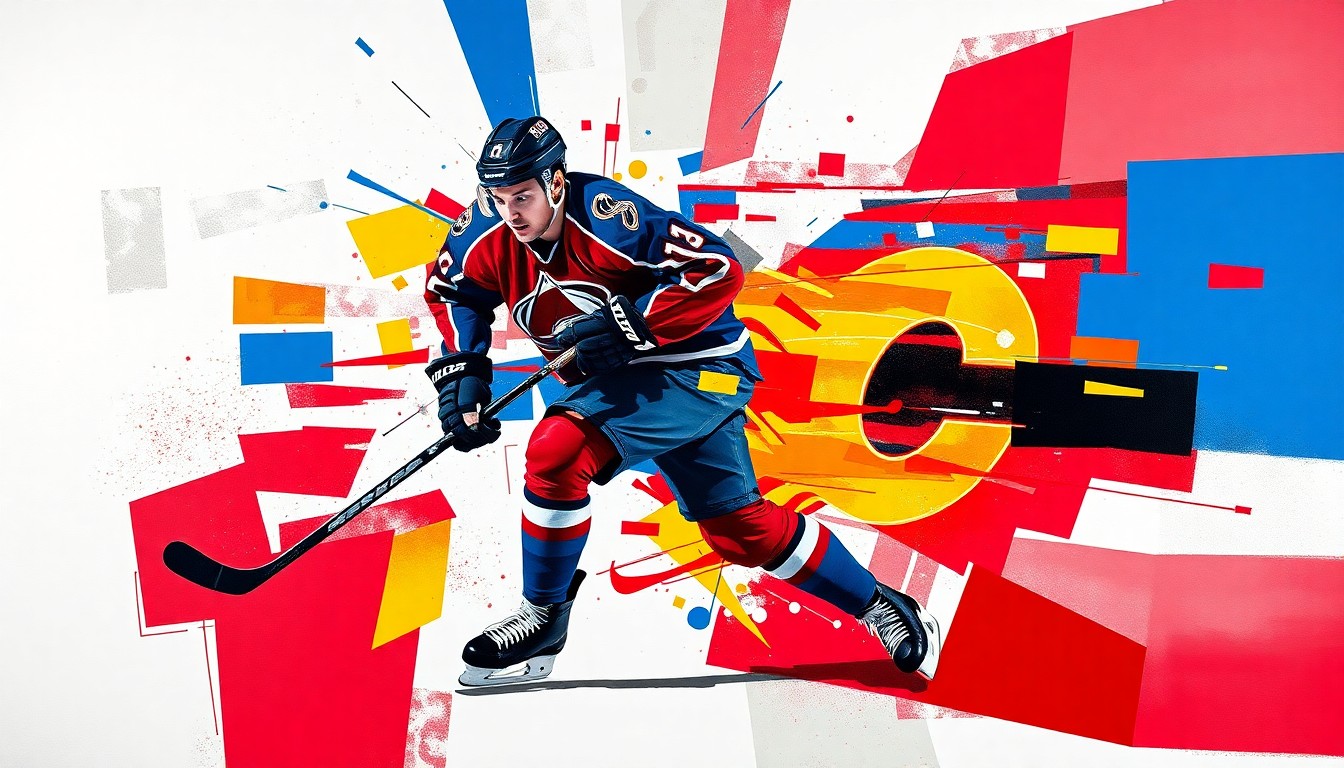 A fragmented, cubist-style painting depicting a hockey player in motion, with sharp geometric shapes and planes in the team colors of the Colorado Avalanche and Calgary Flames.