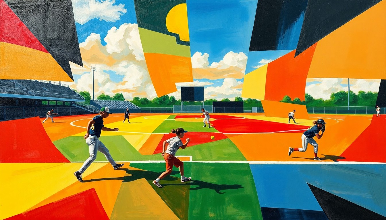 A cubist, geometric painting depicting the dynamic movements and energy of a high school softball game, with the players and field deconstructed into overlapping planes of bright team colors.