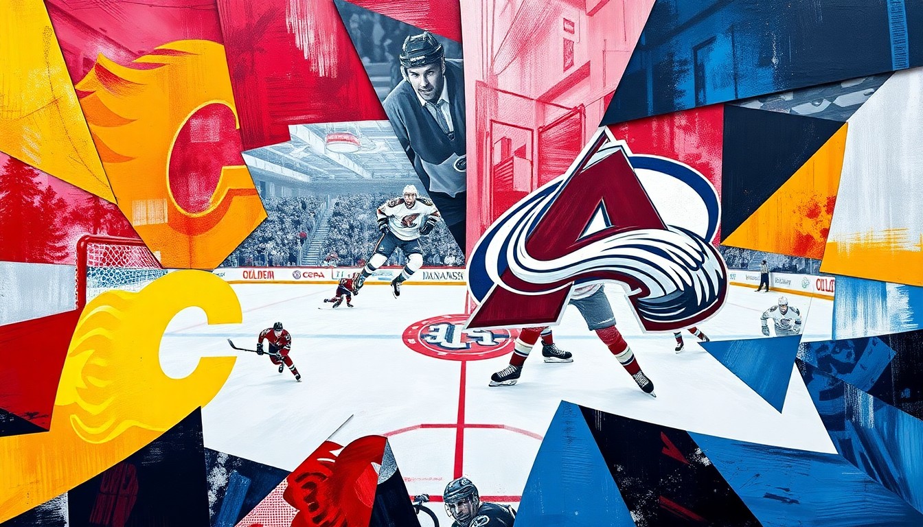 A cubist, geometric painting depicting a hockey game, with sharp, overlapping planes of burgundy, blue, silver, red, and yellow representing the players and action on the ice.