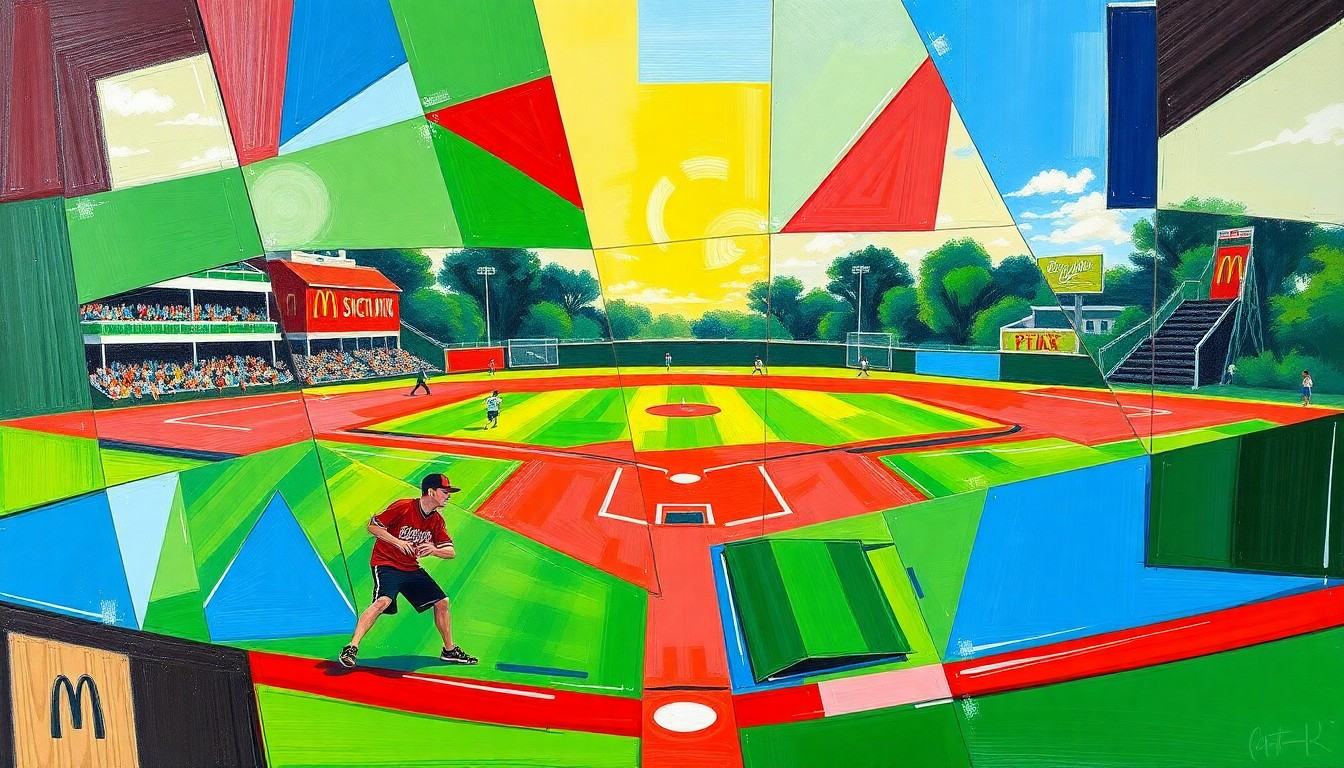 A fragmented, geometric painting in bold colors depicting the intense action and competition of a high school softball game.