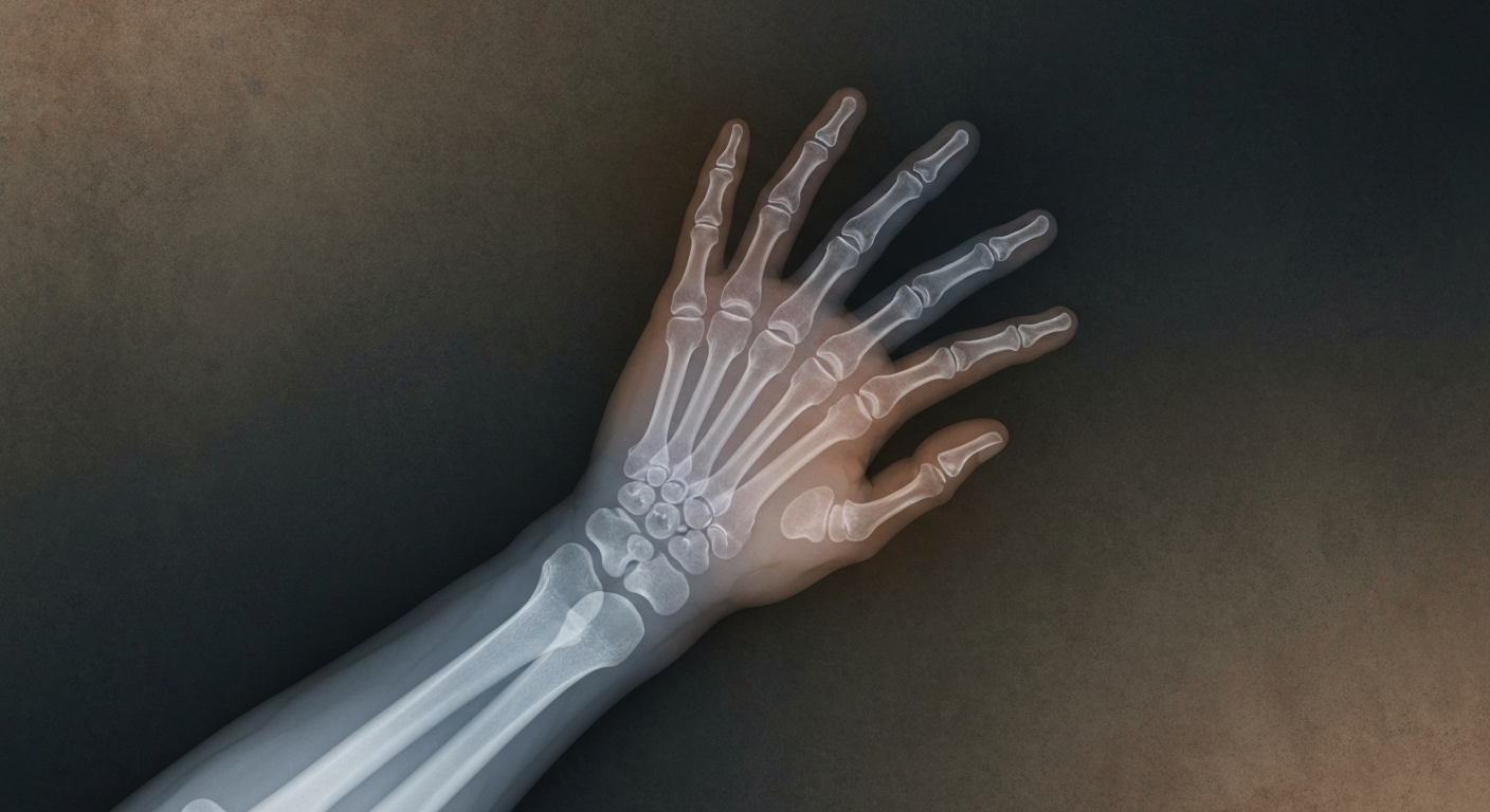 A ghostly, translucent X-ray image of a human hand reaching out, conveying the fragility and vulnerability of Medicaid patients affected by federal funding threats over fraud claims.