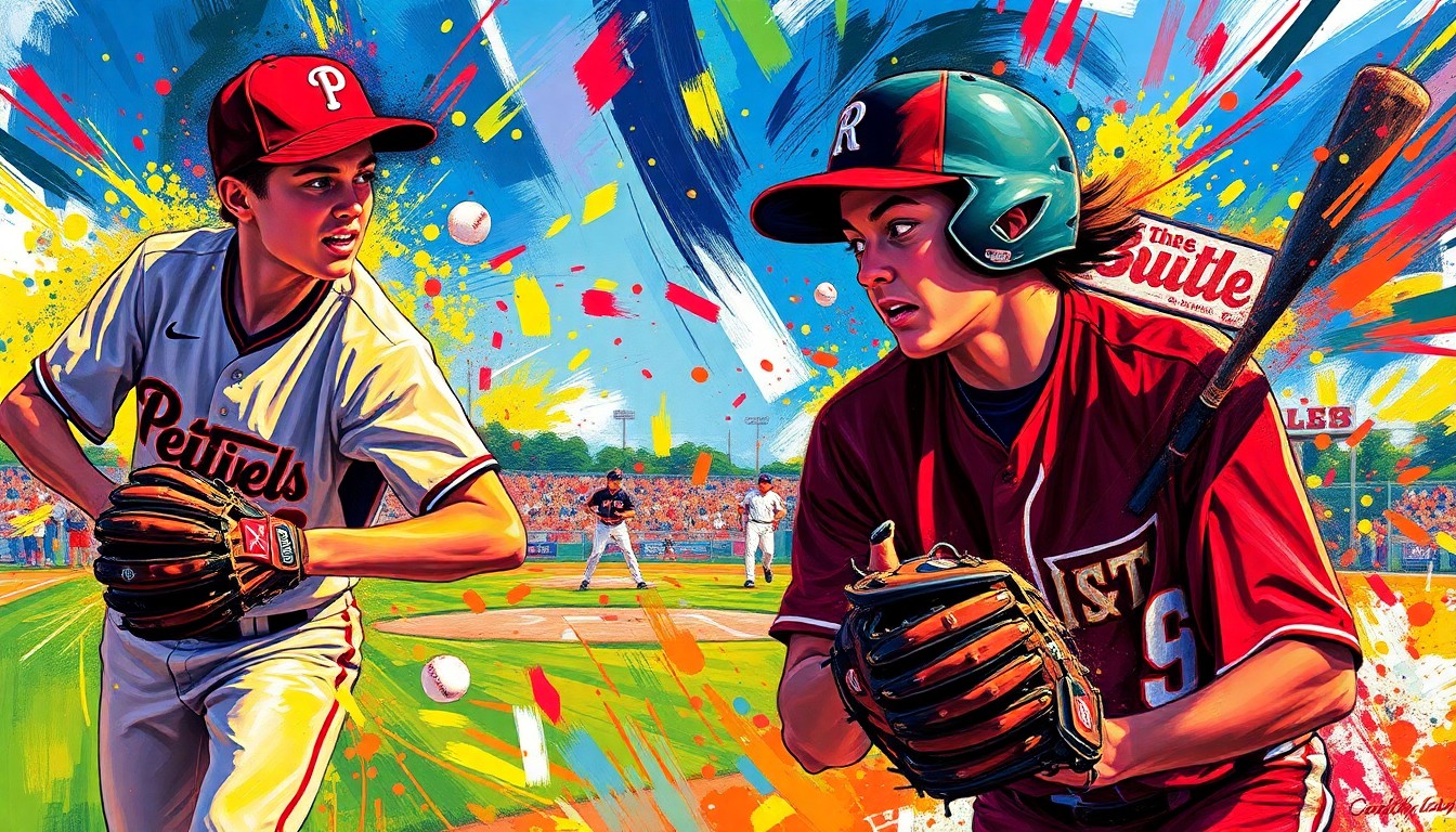 An abstract, energetic painting in neon colors depicting the dynamic motion and raw power of a high school baseball game, with players' forms dissolving into expressive brushstrokes.