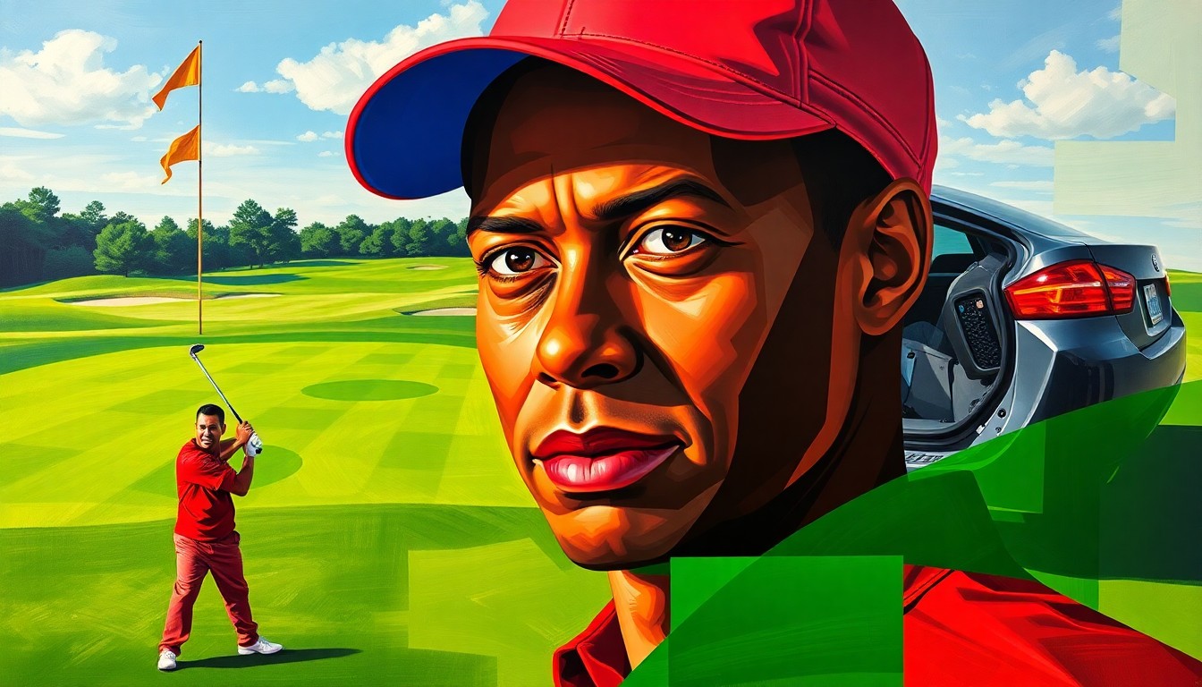 A fragmented, geometric painting depicting a golf course, a crashed car, and a distorted face, conveying the turbulent aftermath of Tiger Woods' recent DUI arrest.