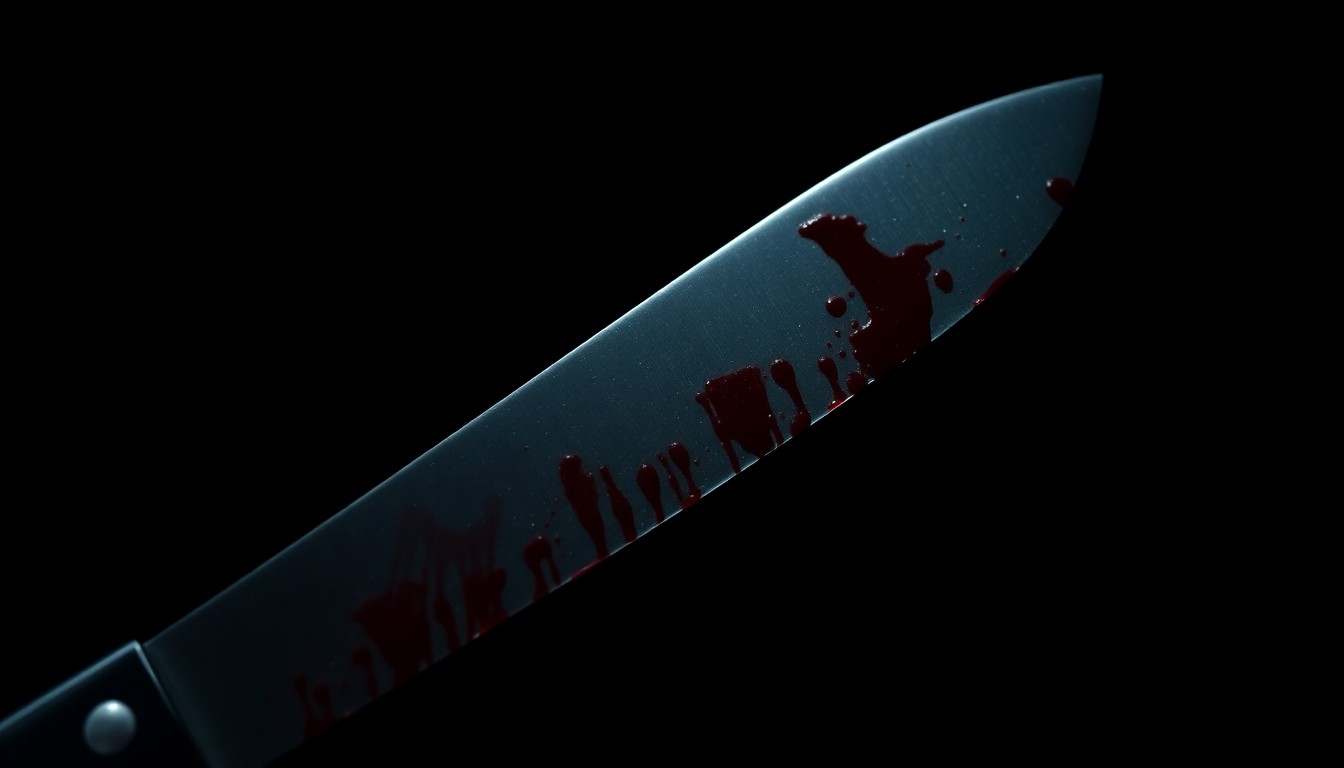An extreme close-up of a bloodied knife blade against a dark background, creating a stark, investigative visual aesthetic.
