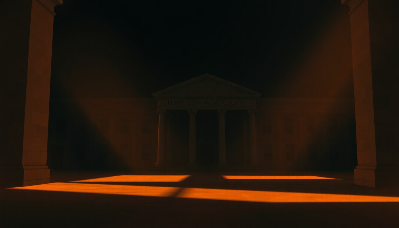 A quiet, cinematic painting of an empty government building or courthouse, bathed in warm, diagonal sunlight and deep shadows, conceptually representing the weighty legal and political issues at stake in the Supreme Court's upcoming birthright citizenship case.