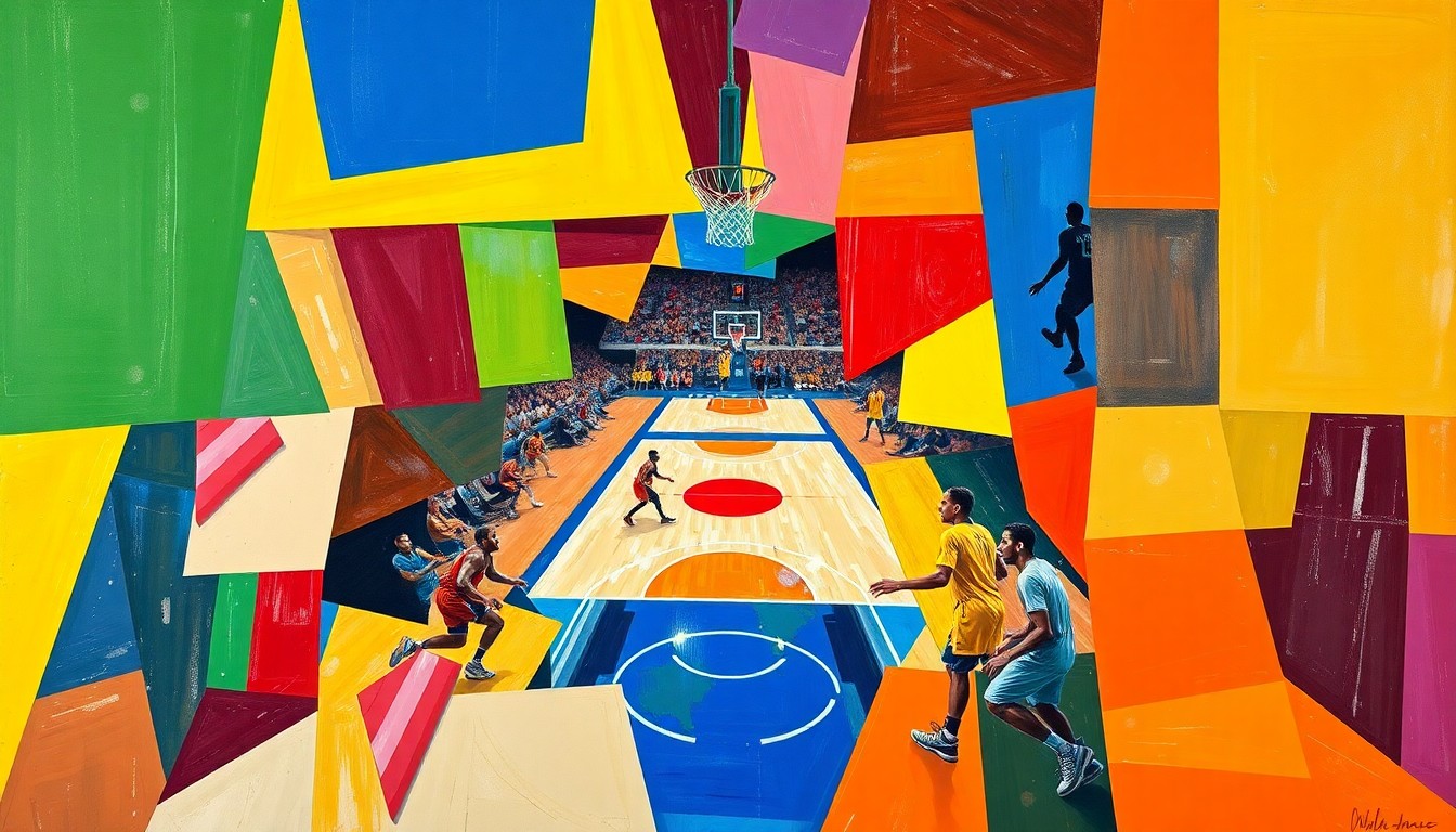 A cubist-style painting featuring overlapping geometric shapes in the team colors of the Worcester Wolves and London Stars, conveying the fast-paced action and competitive spirit of the playoff basketball game.