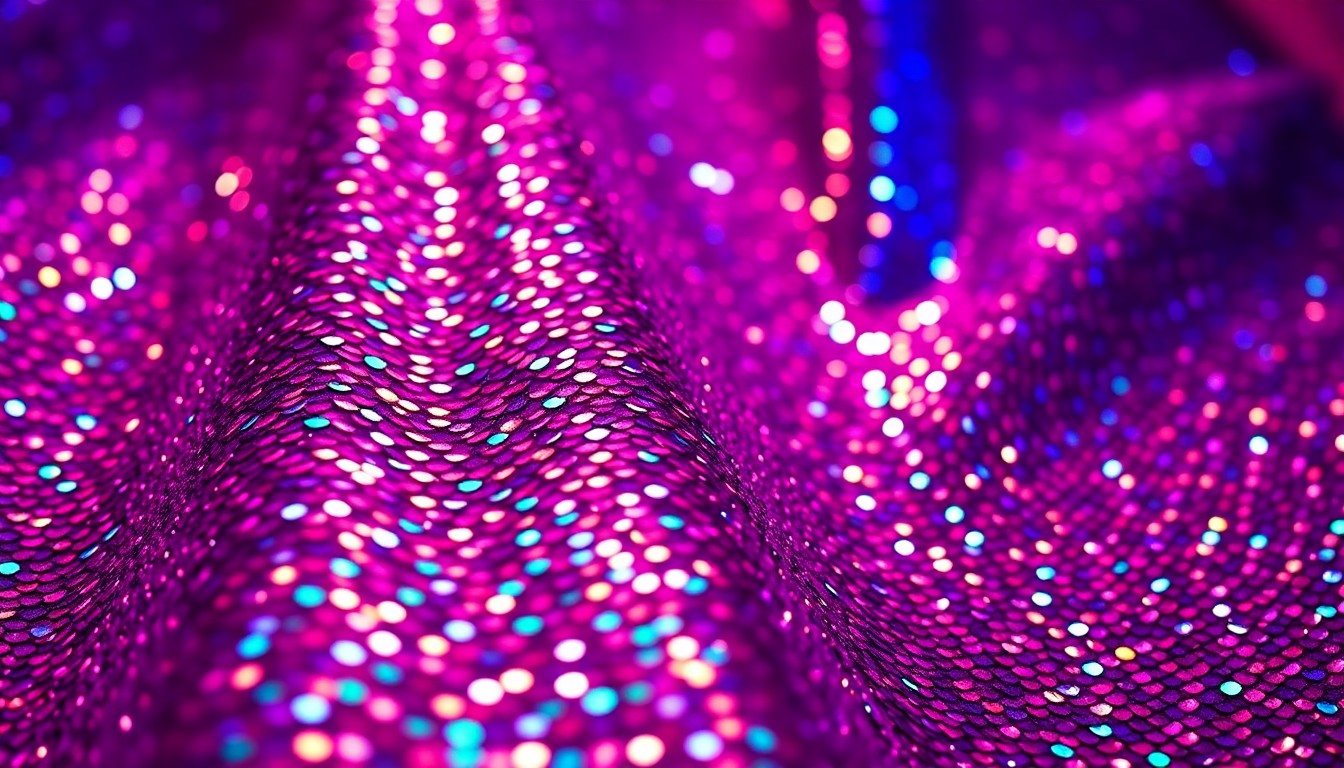 An abstract close-up photograph of a shimmering, sequined fabric in deep purple, teal, and gold hues, capturing the glamorous aesthetic of a major televised singing competition.