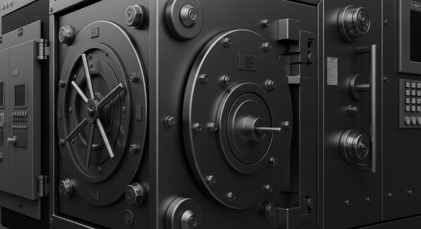 A close-up, high-contrast black and white image of heavy, industrial banking equipment and machinery, conceptually representing the unseen mechanics of the financial sector.