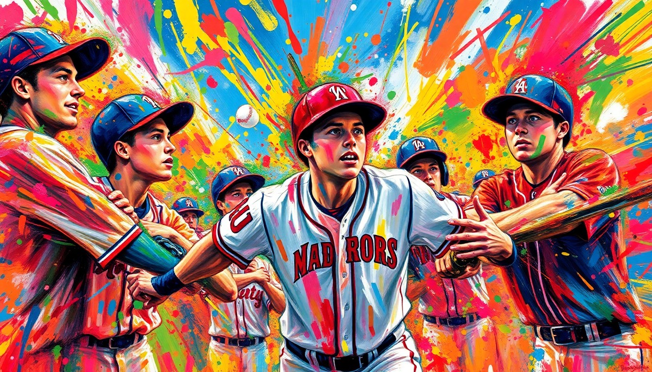 An abstract, expressionist painting in vibrant neon colors, capturing the raw energy and excitement of a high school baseball championship game, with players' faces and uniforms dissolving into unrecognizable splatters of color.