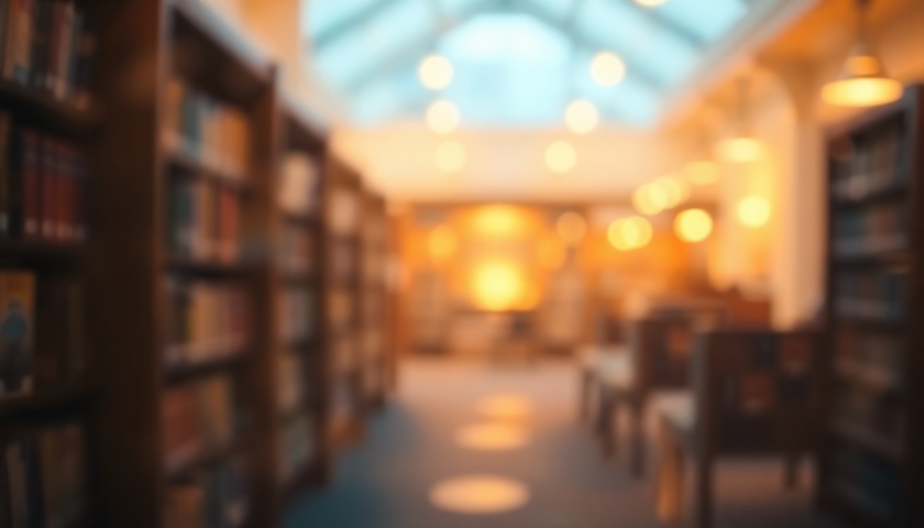 An abstract, impressionistic photograph of blurred, warm-toned shapes and pools of light, conveying the welcoming atmosphere of a local public library.