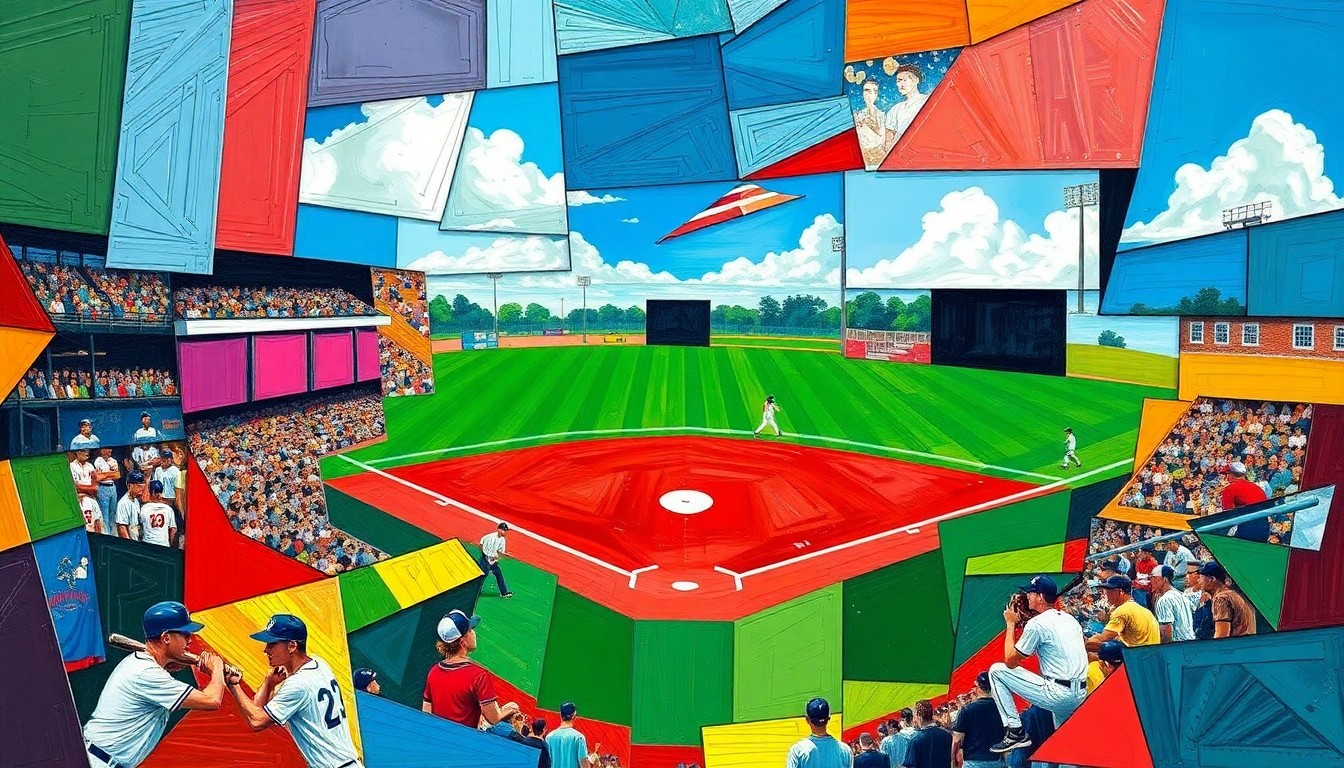 A fragmented, geometric painting in bold primary colors, depicting the action and movement of a high school baseball game through an abstract, multi-perspective lens.
