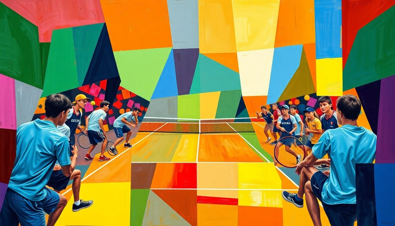 A fragmented, geometric painting in bold primary colors representing the competitive energy of a high school tennis match.