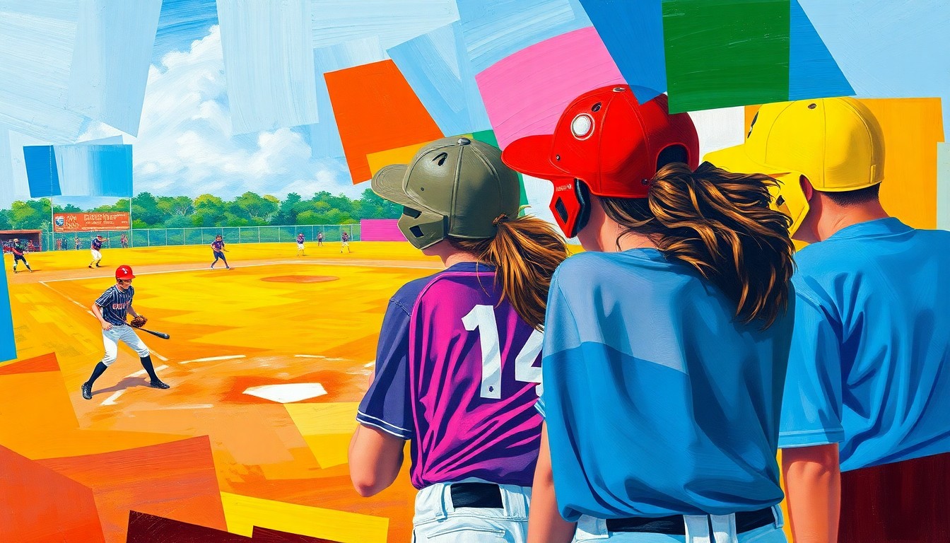 A fractured, multi-perspective painting in bold, vibrant colors depicting the action and movement of a high school softball game, with players and the field deconstructed into sharp, overlapping geometric shapes.