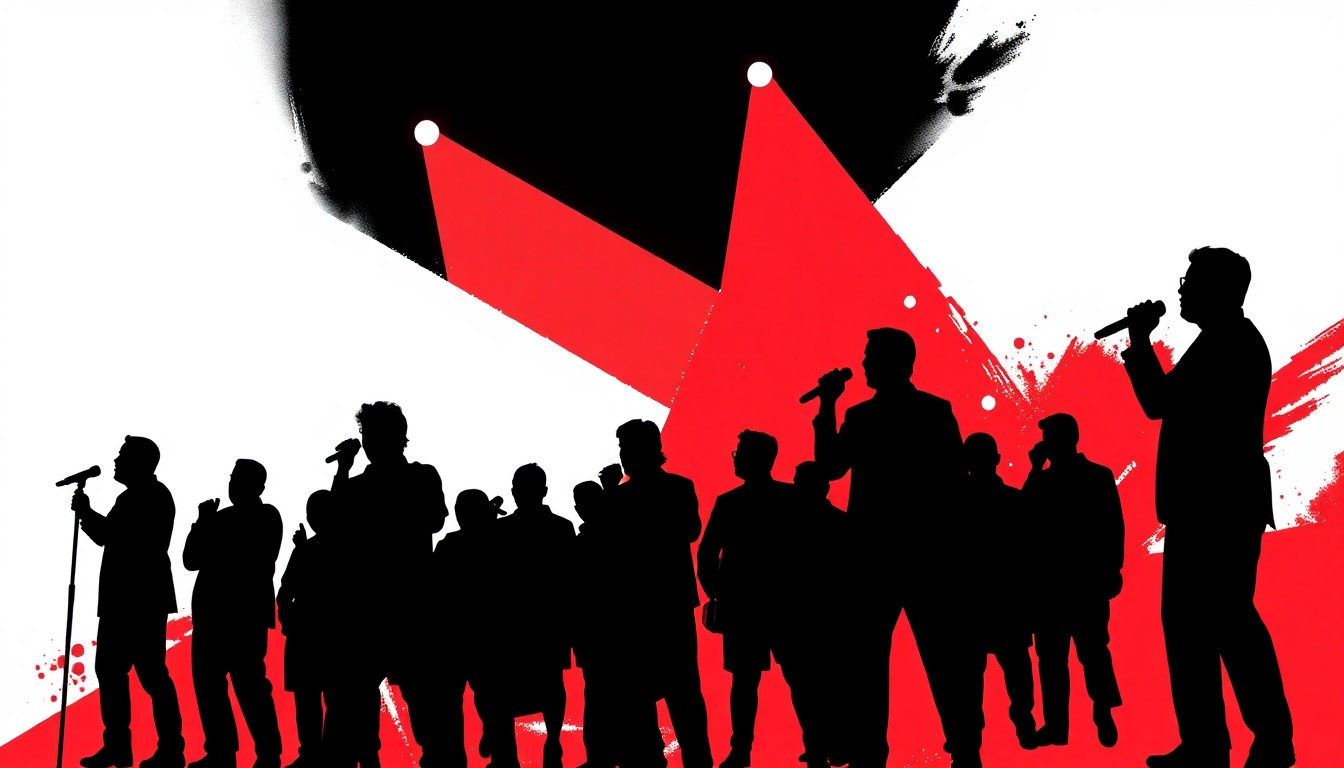 An abstract illustration featuring bold, jagged black silhouettes against a bright red background, conceptually representing the high-stakes drama and excitement of a singing competition show.