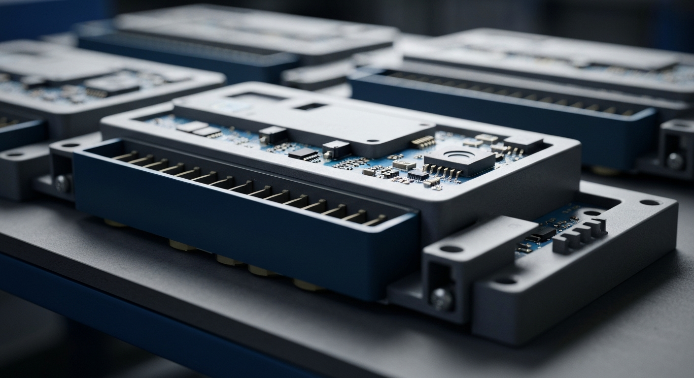 An extreme close-up photograph of complex, industrial-looking solar power electronics components in shades of steel grey, copper, and black, conceptually representing the technical nature of Tigo Energy's business.