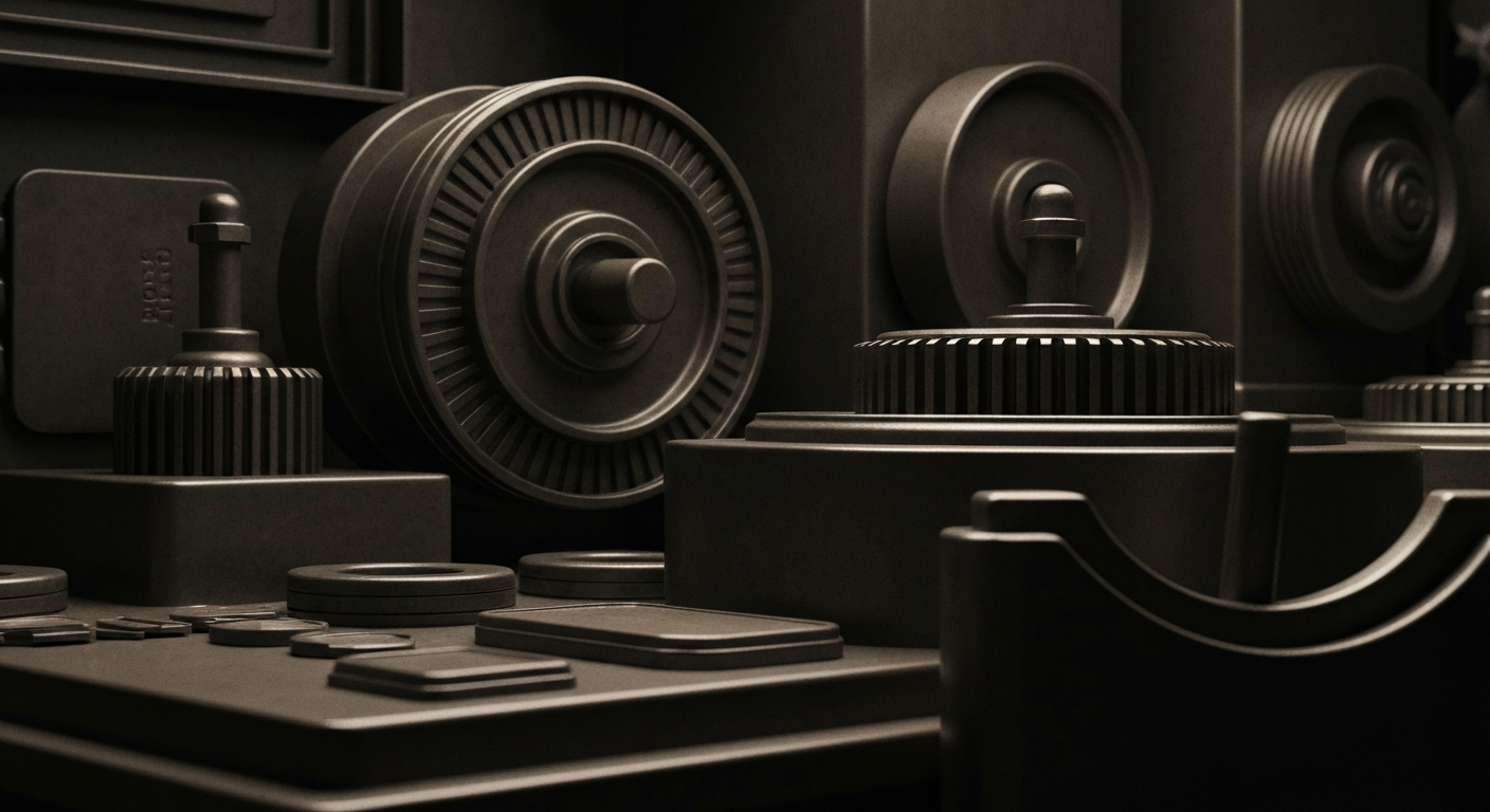 An extreme close-up of gears, levers, and other heavy industrial machinery, conceptually representing the complex financial mechanisms and institutional forces shaping the retail real estate market.