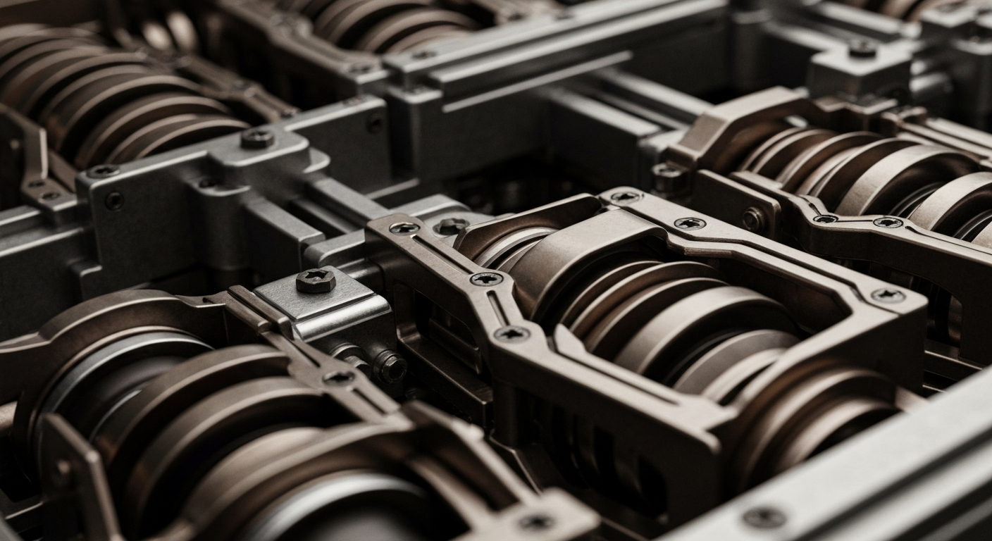 An extreme close-up of complex, interlocking mechanical components in a heavy industrial banking machine, conveying a sense of institutional financial power and security.