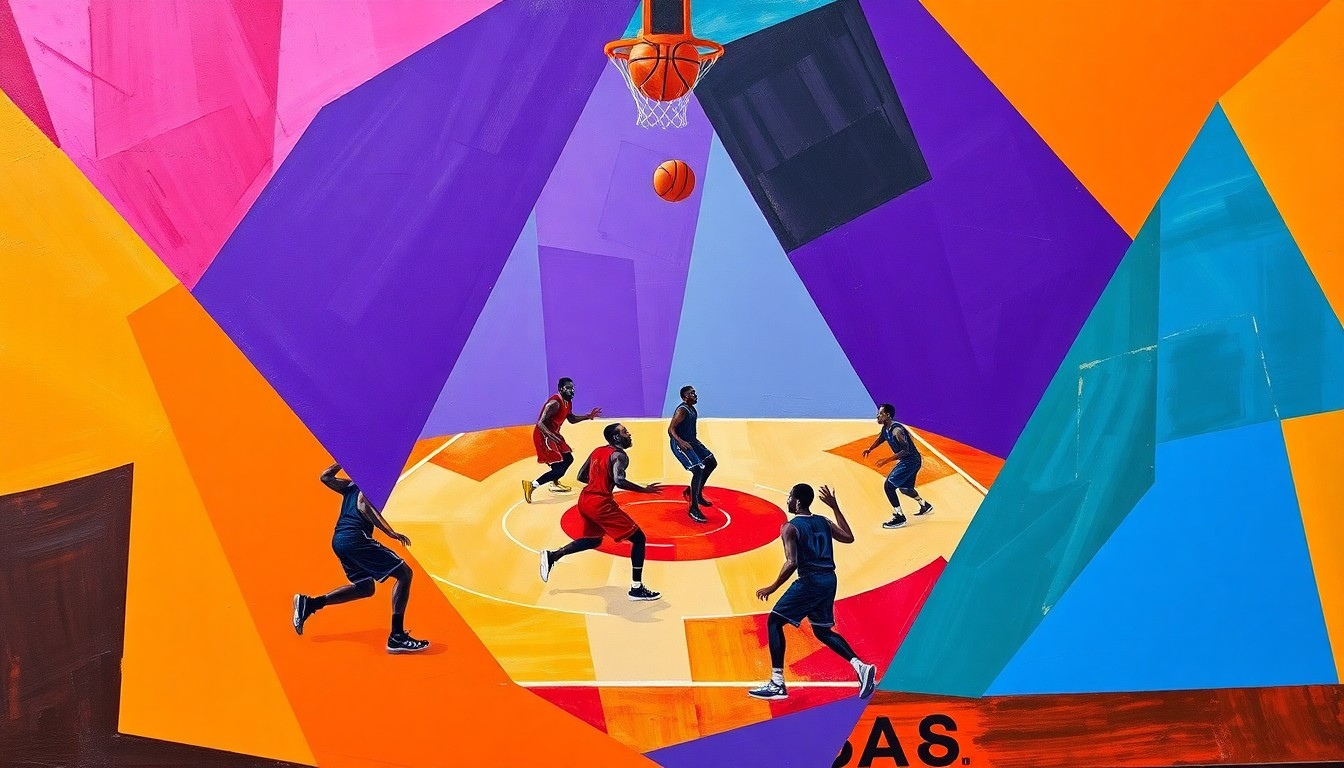 A fragmented, geometric painting depicting the action of a basketball game, with the players' forms broken down into abstract shapes and planes of vibrant colors.