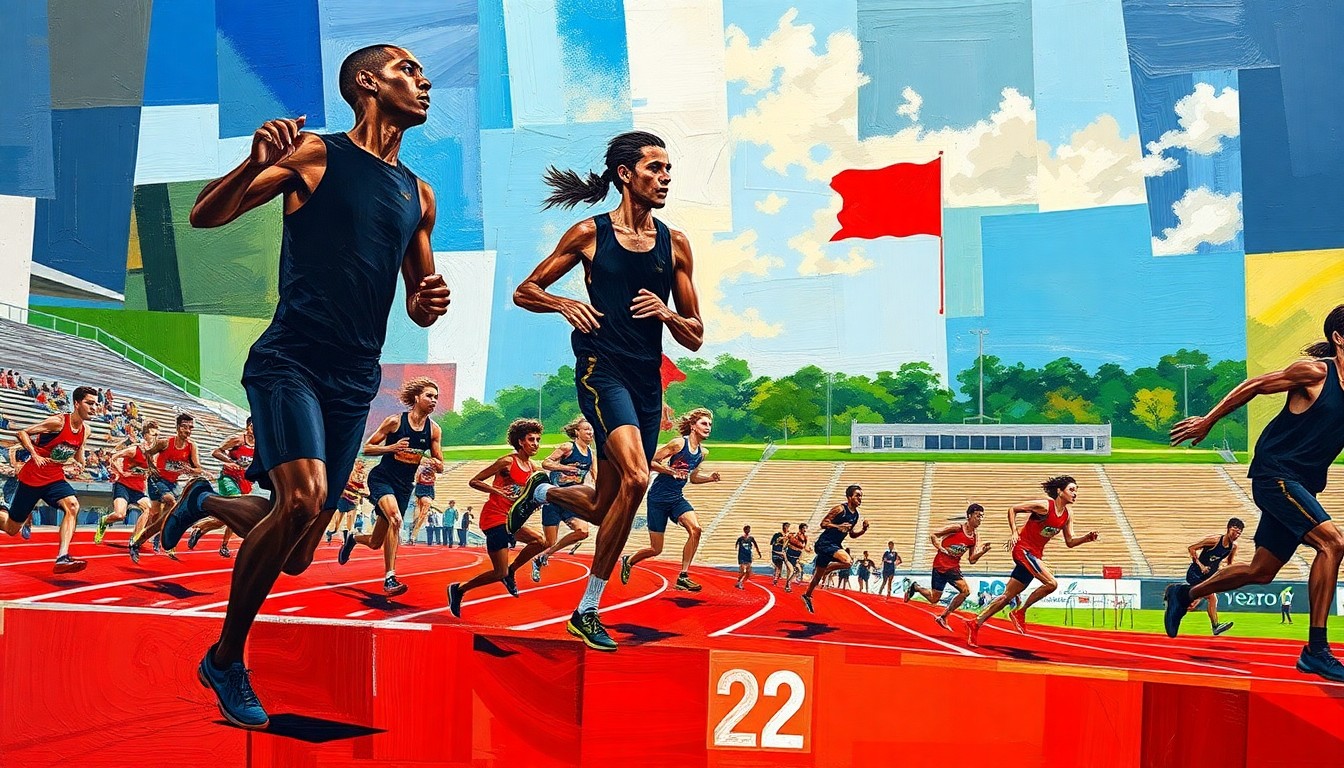 A fragmented, geometric painting in bold red and black hues depicting athletes in motion, representing the energy and dynamism of a high school track and field competition.