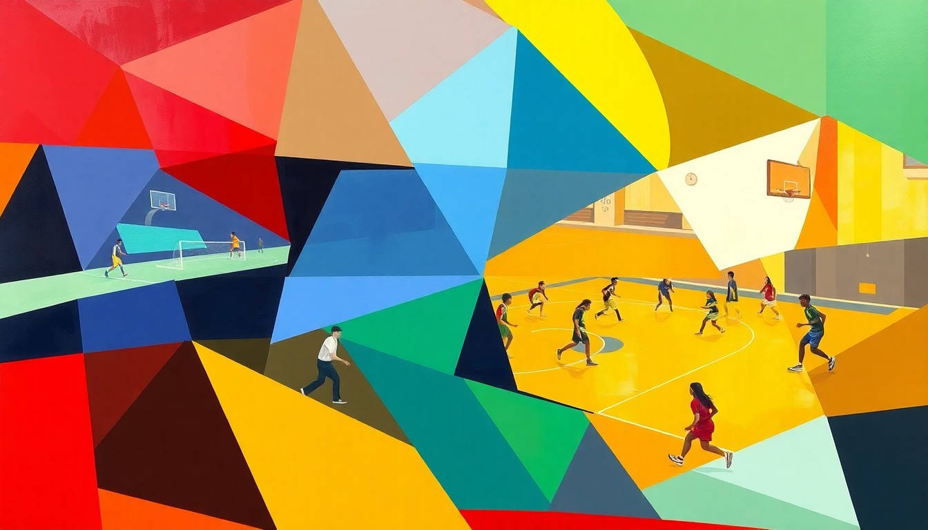 A fragmented, geometric painting in bold colors depicting an abstract sports scene, conveying the dynamic energy of a high school competition.