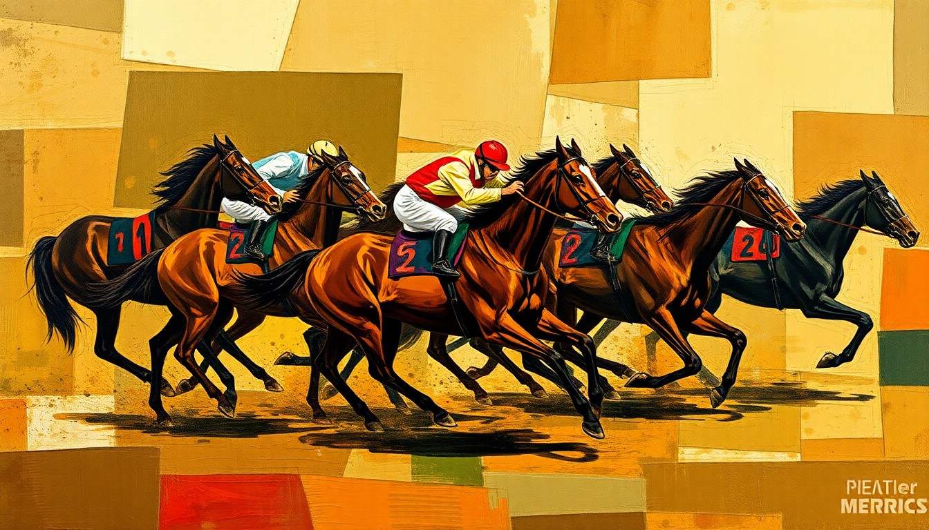A fragmented, geometric painting depicting the motion and energy of a horse race, with the horses and jockeys broken down into overlapping planes of color and shape.