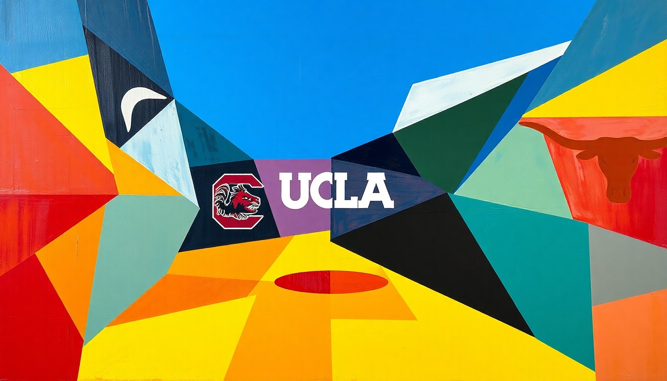 A fractured, cubist-style painting depicting the action of a women's basketball game, with sharp geometric shapes and planes in the official team colors of the four No. 1 seed schools competing in the 2026 NCAA Final Four.