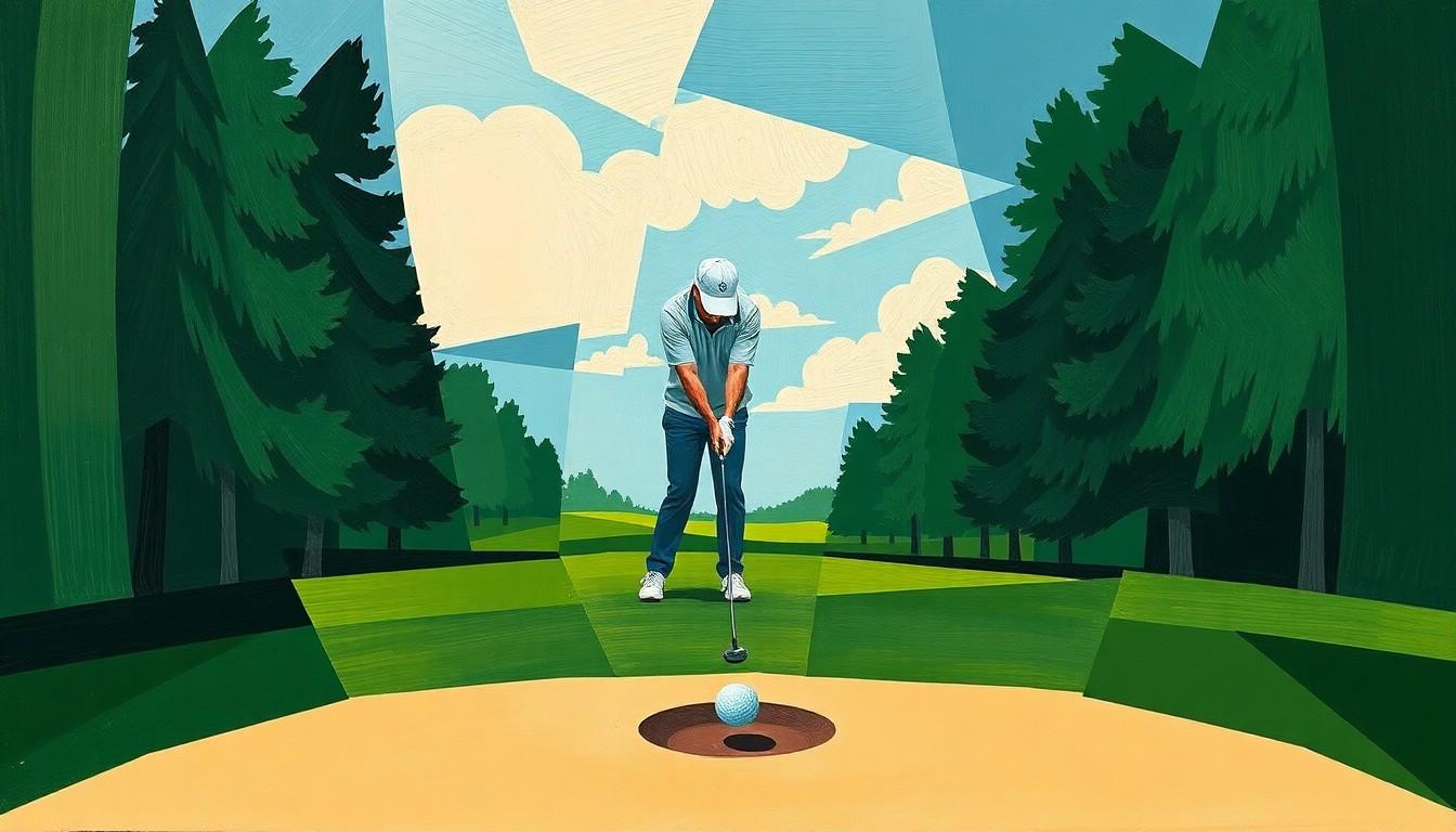 A cubist, geometric painting depicting the motion of a golfer putting a golf ball into a hole, using overlapping planes of green, blue, and beige to capture the dynamic action.