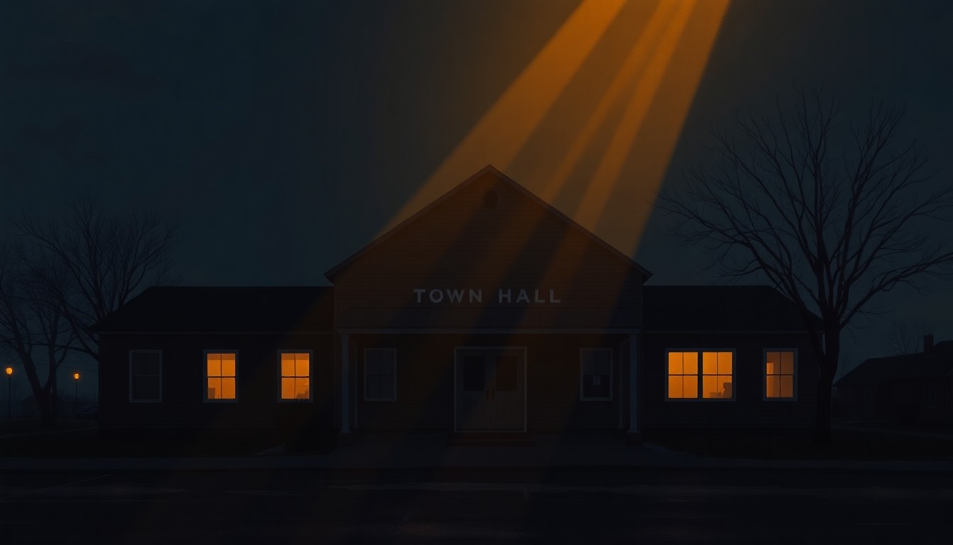A serene, photorealistic painting of a rural Midwest town hall or community center, with warm sunlight streaming through the windows and deep shadows cast across the exterior. The scene evokes a sense of civic engagement and political discourse in a small-town setting.