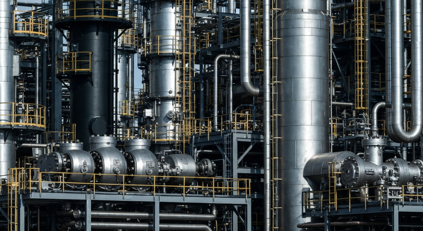 An extreme close-up of complex, industrial oil refinery machinery in shades of steel gray, copper, and black, conceptually representing the vulnerability of global energy infrastructure to geopolitical conflicts.